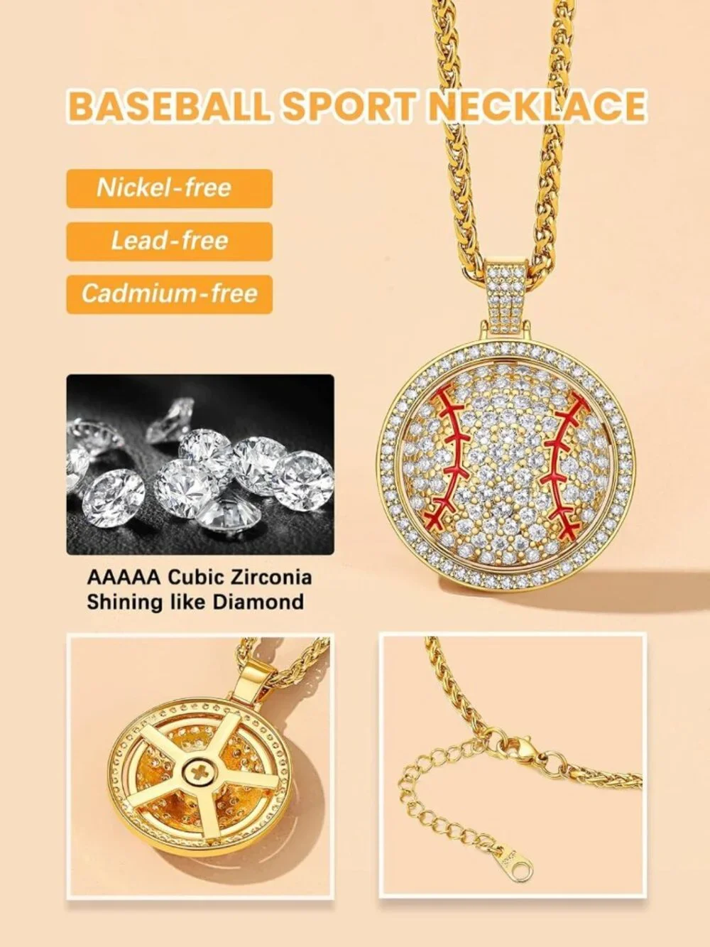 Stylish Bling Sports Necklace for Men - CZ Gold Chain with Ball Pendant Jewelry